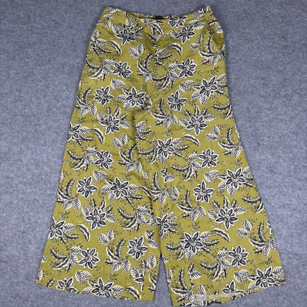 Tahari Womens 100% Linen Wide Leg Pants M Medium Green Floral European Grown